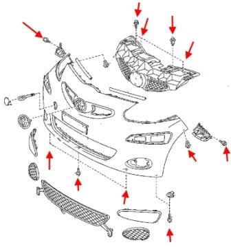the scheme of fastening of the front bumper Toyota Aygo (2005-2014)