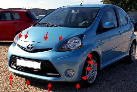 the attachment of the front bumper Toyota Aygo (2005-2014)