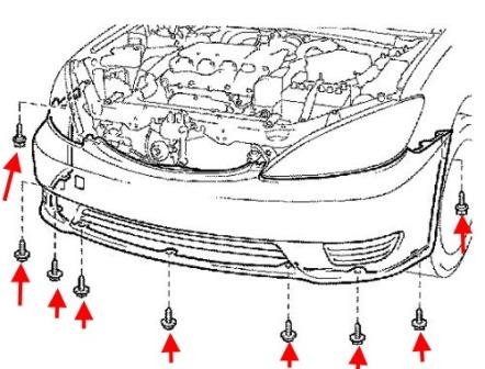 the scheme of fastening of the front bumper Toyota Camry XV30 (2001-2006)