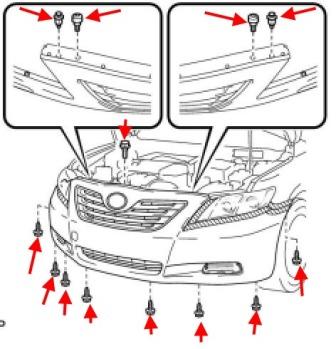 the scheme of fastening of the front bumper Toyota Camry XV40 (2006-2011)