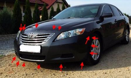 the attachment of the front bumper Toyota Camry XV40 (2006-2011)