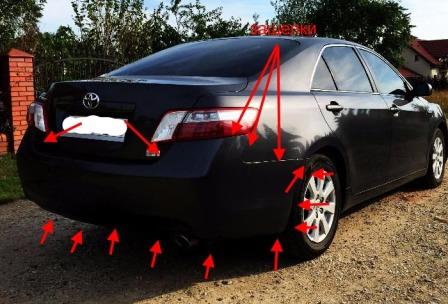 the attachment of the rear bumper Toyota Camry XV40 (2006-2011)