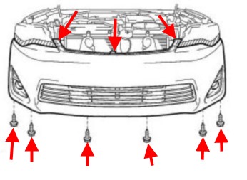 the scheme of fastening the front bumper to the Toyota Camry XV50 (2011-2017)