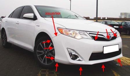 the attachment of the front bumper the Toyota Camry XV50 (2011-2017)