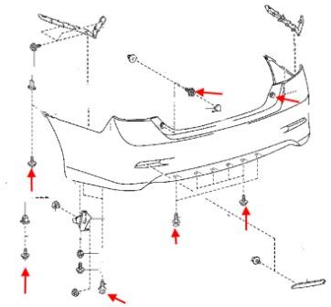 diagrama de montaje del parachoques trasero Toyota Camry XV50 (2011-2017)