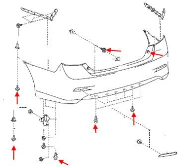 schema montaggio paraurti posteriore Toyota Camry XV50 (2011-2017)