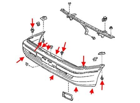 the scheme of fastening of the front bumper of the Toyota Carina E