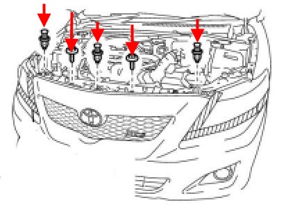 the scheme of fastening of the front bumper Toyota Corolla (2006-2013)