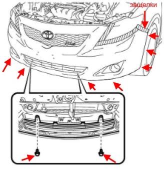 the scheme of fastening of the front bumper Toyota Corolla (2006-2013)