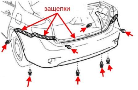 Diagrama de fijación del parachoques trasero Toyota Corolla (2006-2013)