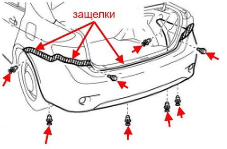 схема крепления заднего бампера Toyota Corolla (2006-2013)