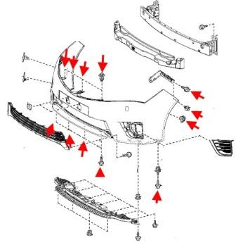 the scheme of fastening of the front bumper Toyota Corolla (2013-present)