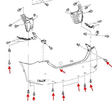Diagrama de montaje del parachoques trasero del Toyota Corolla XI (E160, E170) (2012-2022)