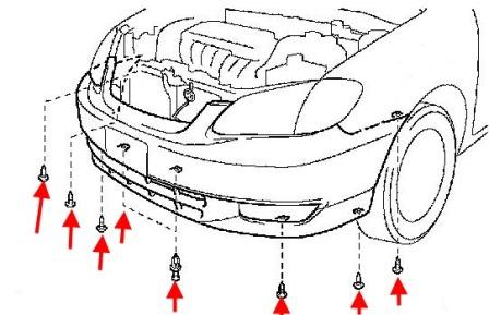 the scheme of fastening of the front bumper Toyota Corolla (2000-2006)