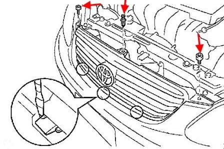 the scheme of fastening of the front bumper Toyota Corolla (2000-2006)