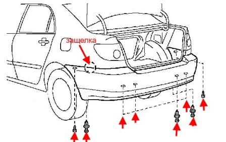 Diagrama de fijación del parachoques trasero Toyota Corolla (2000-2006)