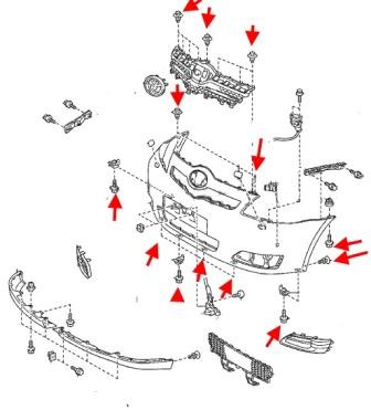 Diagrama de montaje del parachoques delantero del Toyota Corolla Verso