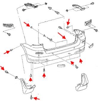 Diagrama de montaje del parachoques trasero del Toyota Corolla Verso