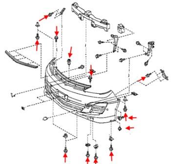 the scheme of fastening of the front bumper of the Toyota Previa (2000-2005)