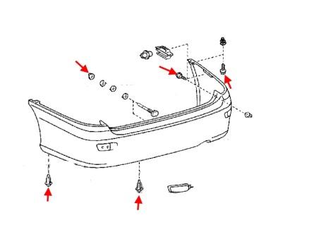 Diagrama de montaje del parachoques trasero de Toyota Previa (2000-2005)
