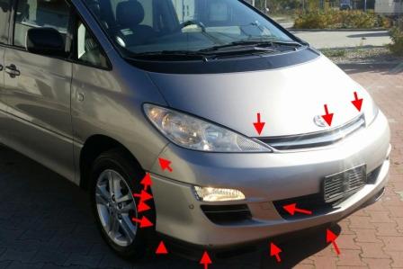 the attachment of the front bumper of the Toyota Previa (2000-2005)