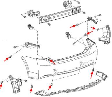 the scheme of fastening the rear bumper of the Toyota Prius III XW30 (2009-2015)