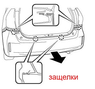 the scheme of fastening the rear bumper of the Toyota Prius III XW30 (2009-2015)