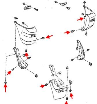 diagrama de montaje del parachoques trasero Toyota RAV4 SXA10 (1994-2000)