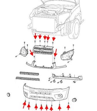 the scheme of fastening of the front bumper CA20W Toyota RAV4 (2000-2005)