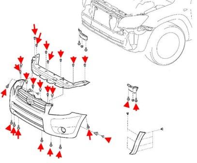 the scheme of fastening of the front bumper Toyota RAV4 CA30W (2005-2012)