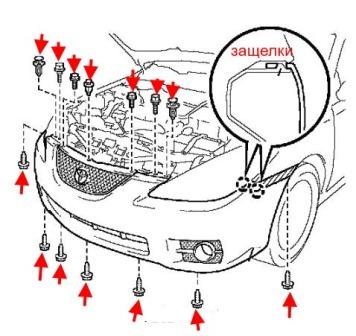 the scheme of fastening of the front bumper Toyota Camry Solara (2003-2008)