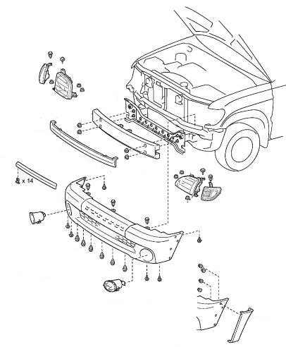 Diagrama de montaje del parachoques delantero de la Toyota Tundra (2000-2006)