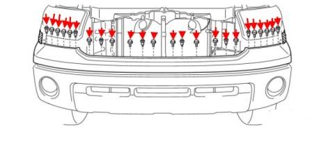 the scheme of fastening of the front bumper Toyota Tundra (after 2007)