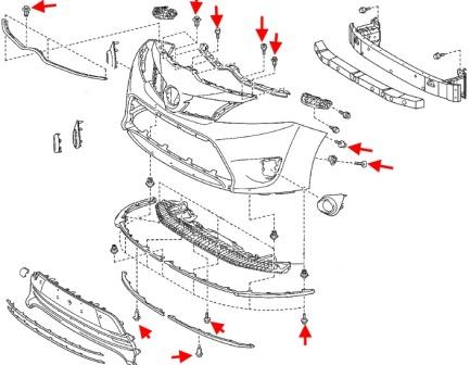 Diagrama de montaje del parachoques delantero del Toyota Verso