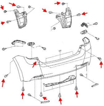 Diagrama de montaje del parachoques trasero del Toyota Verso
