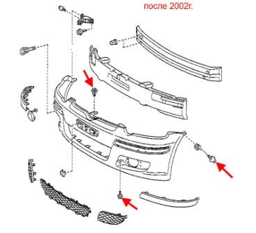 Diagrama de montaje del parachoques delantero del Toyota Yaris (1999-2005)