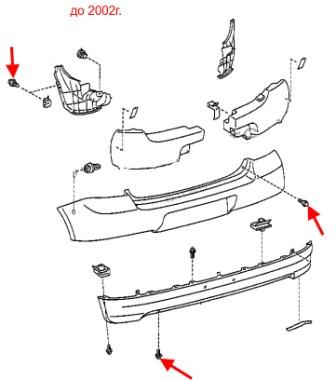 Diagrama de montaje del parachoques trasero del Toyota Yaris (1999-2005)