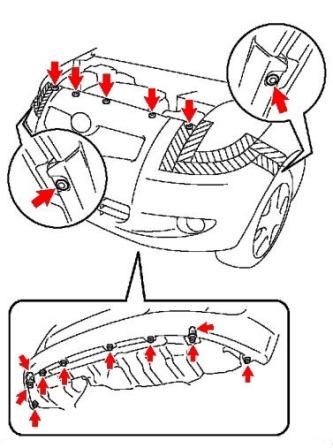 the scheme of fastening of the front bumper Toyota Yaris (2005-2011)