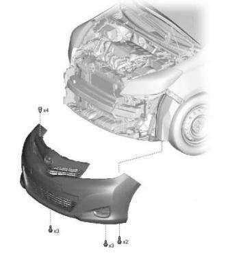 the scheme of fastening of the front bumper Toyota Yaris (2011-2020)