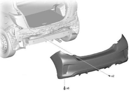Diagrama de montaje del parachoques trasero del Toyota Yaris (2011-2020)