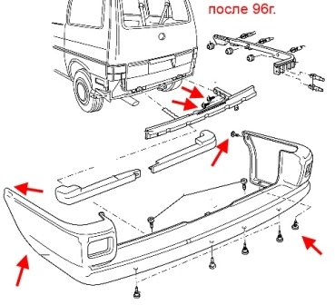 схема крепления заднего бампера VW T4 Transporter, Caravelle, Multivan