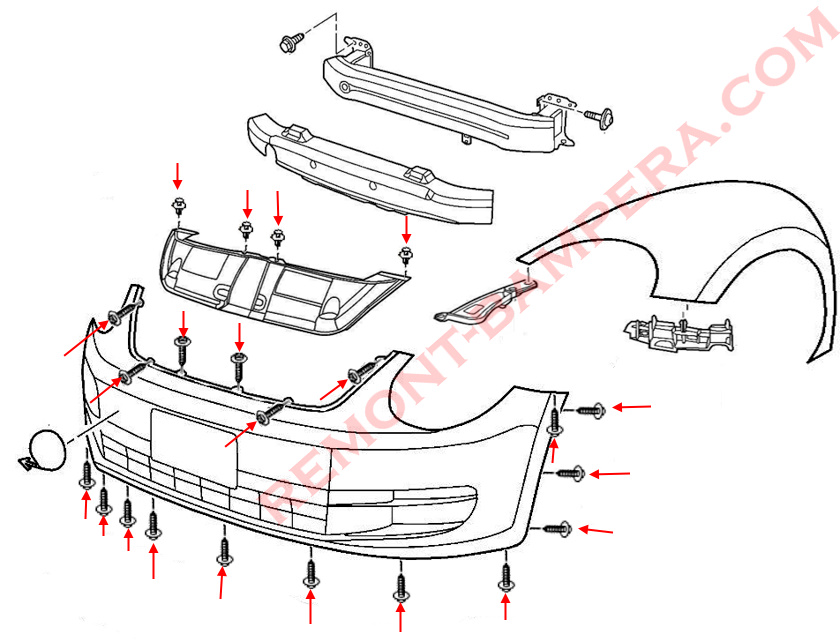 VW Beetle Front Bumper Mounting Diagram (2011-2019)