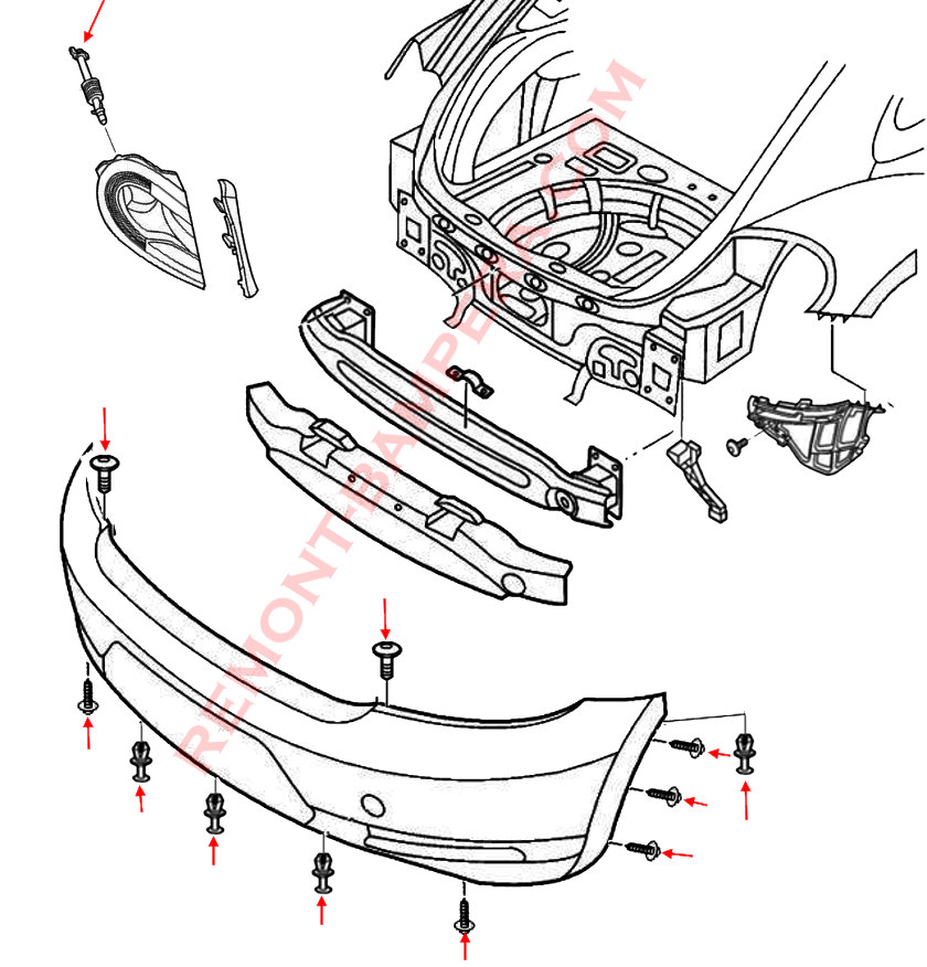 VW Beetle Rear Bumper Mounting Diagram (2011-2019)