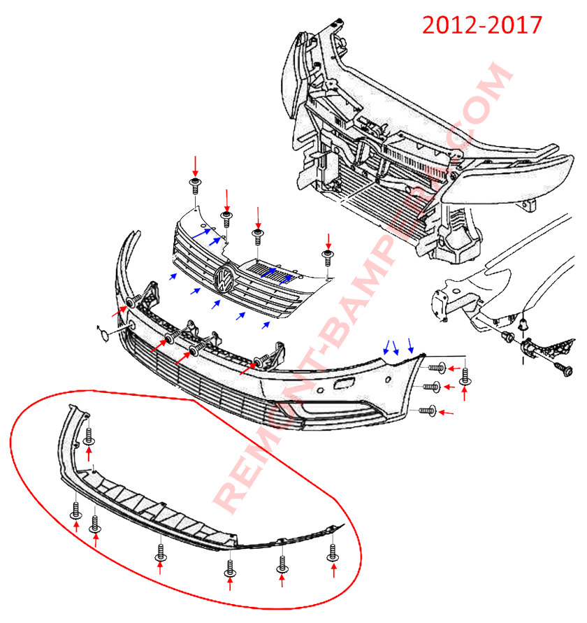 Montagediagramm für die vordere Stoßstange VW CC (Passat CC)
