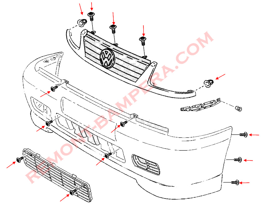 VW Caddy II Front Bumper Mounting Diagram