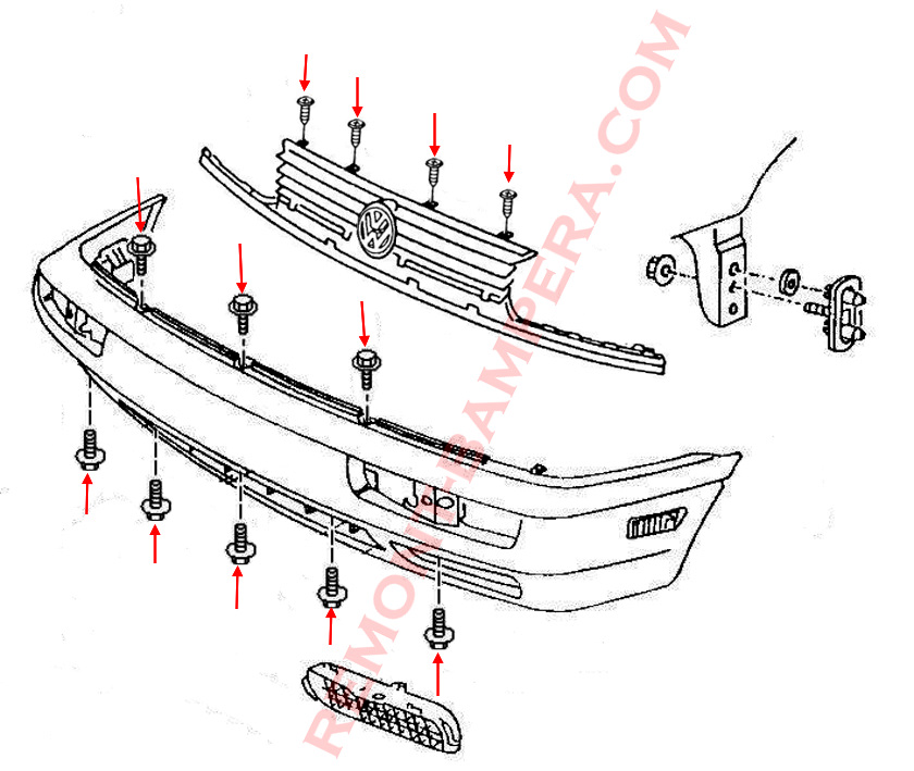 Schema di montaggio del paraurti anteriore della VW Golf 3