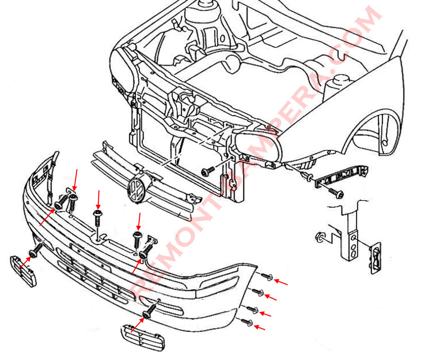 Diagrama de montaje del parachoques delantero del VW Golf 4