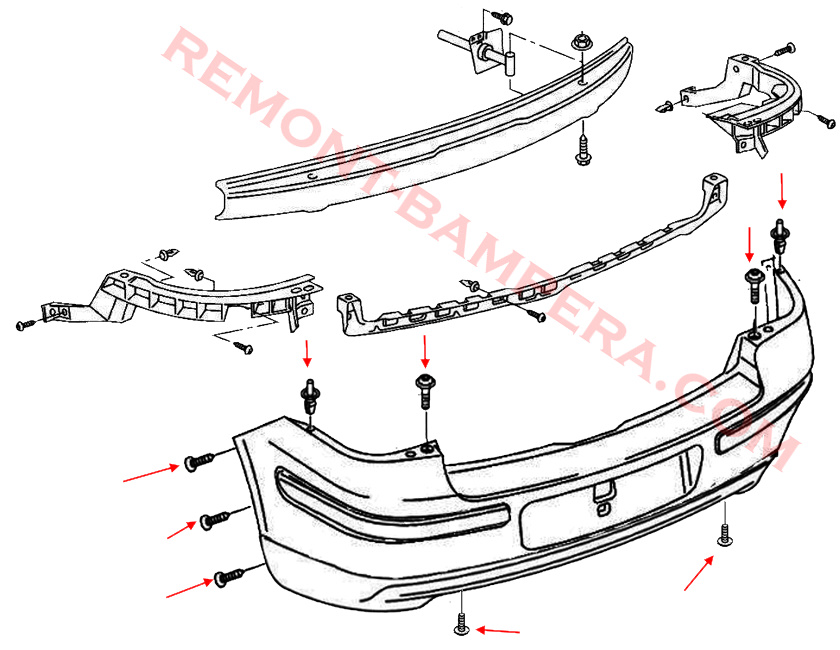 Diagrama de montaje del parachoques trasero del VW Golf 4