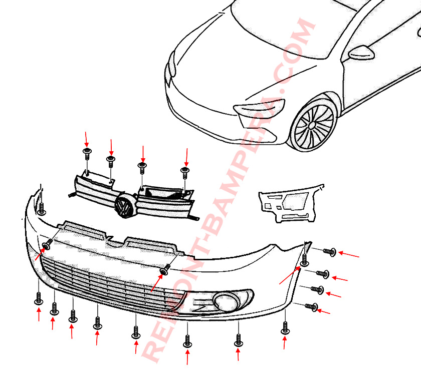 схема крепления переднего бампера VW Golf 6 (2008-2012) 