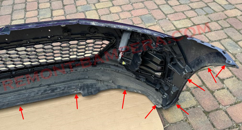 места крепления переднего бампера VW Golf 7 